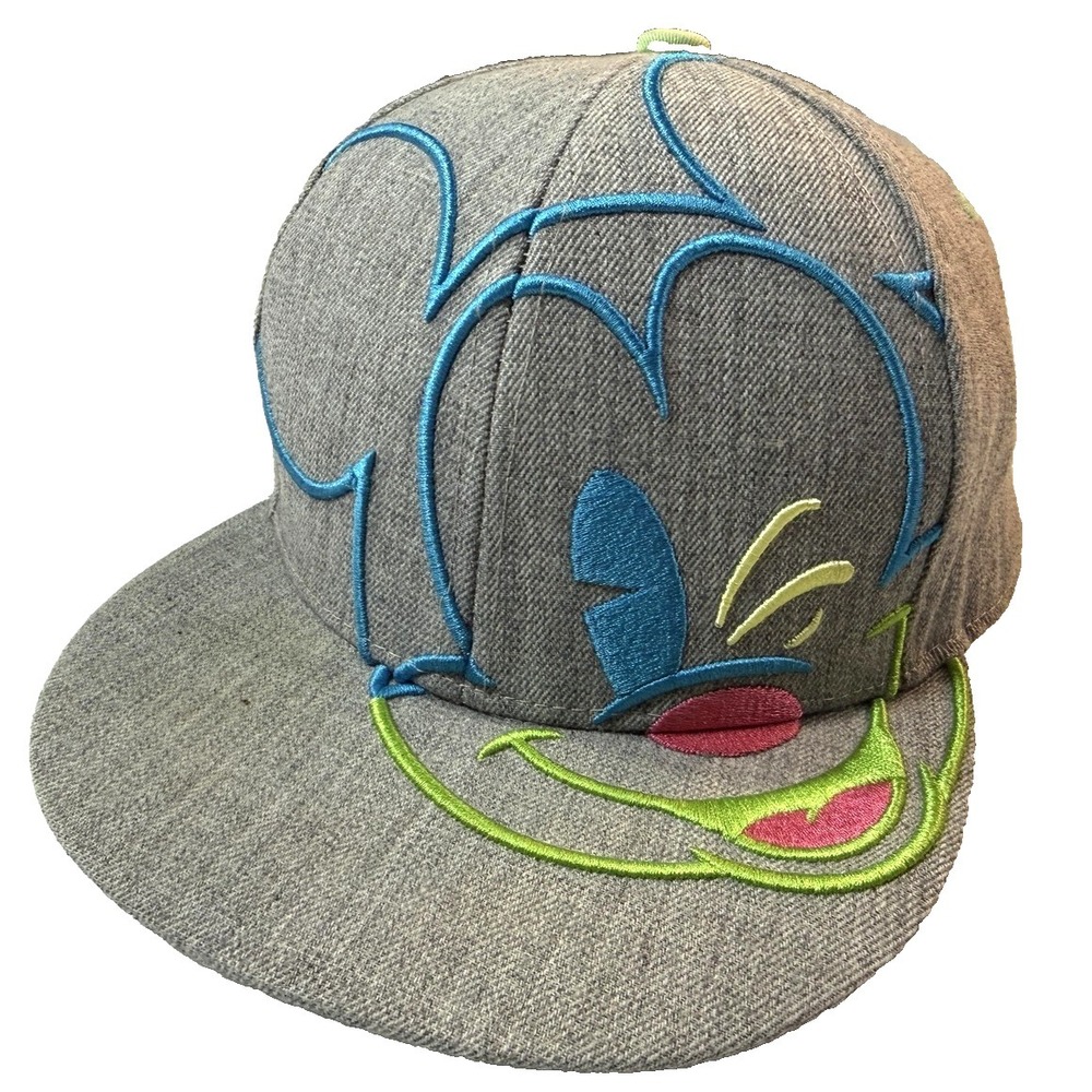 Disney Wide‎ Brim Hat Snap Back One Size Gray Mickey Mouse Neon Embroidered Face